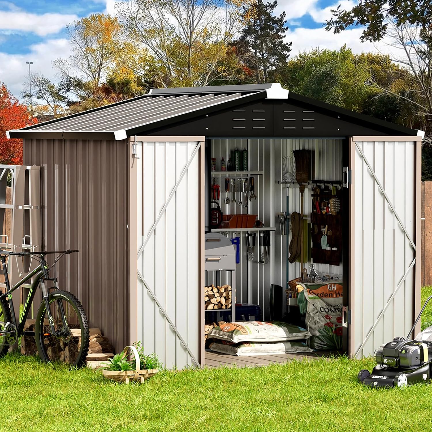 Outdoor Storage Shed 8 x 6 FT Lockable Metal Storage Shed Steel Anti-Corrosion Storage House with Single Lockable Door for Backyard Outdoor Patio，Brown