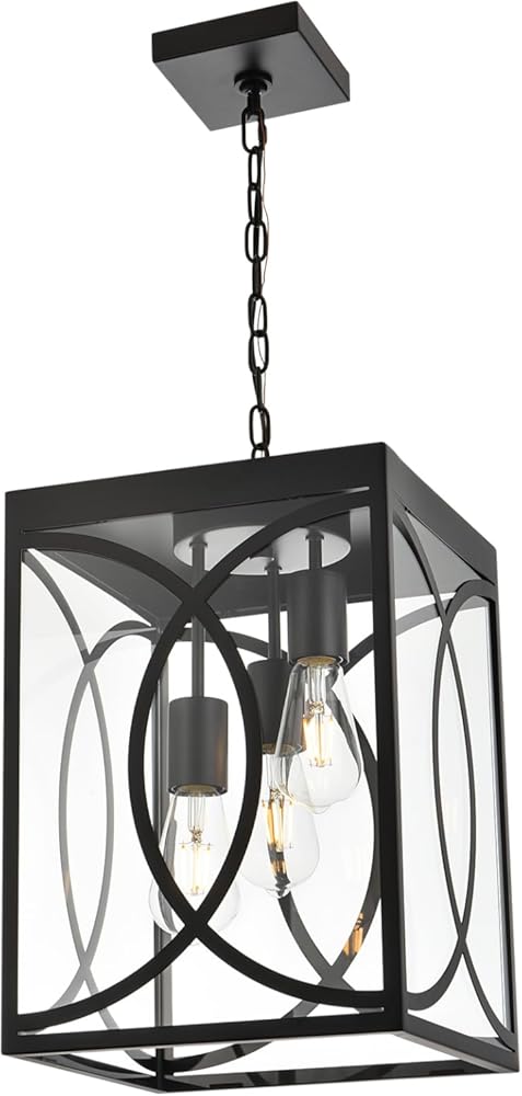 Outdoor Pendant Light Fixture, 3-Light Black Large Exterior Hanging Lantern with Clear Glass, Metal Outdoor Chandelier Porch Lighting for Front Porch Entrance