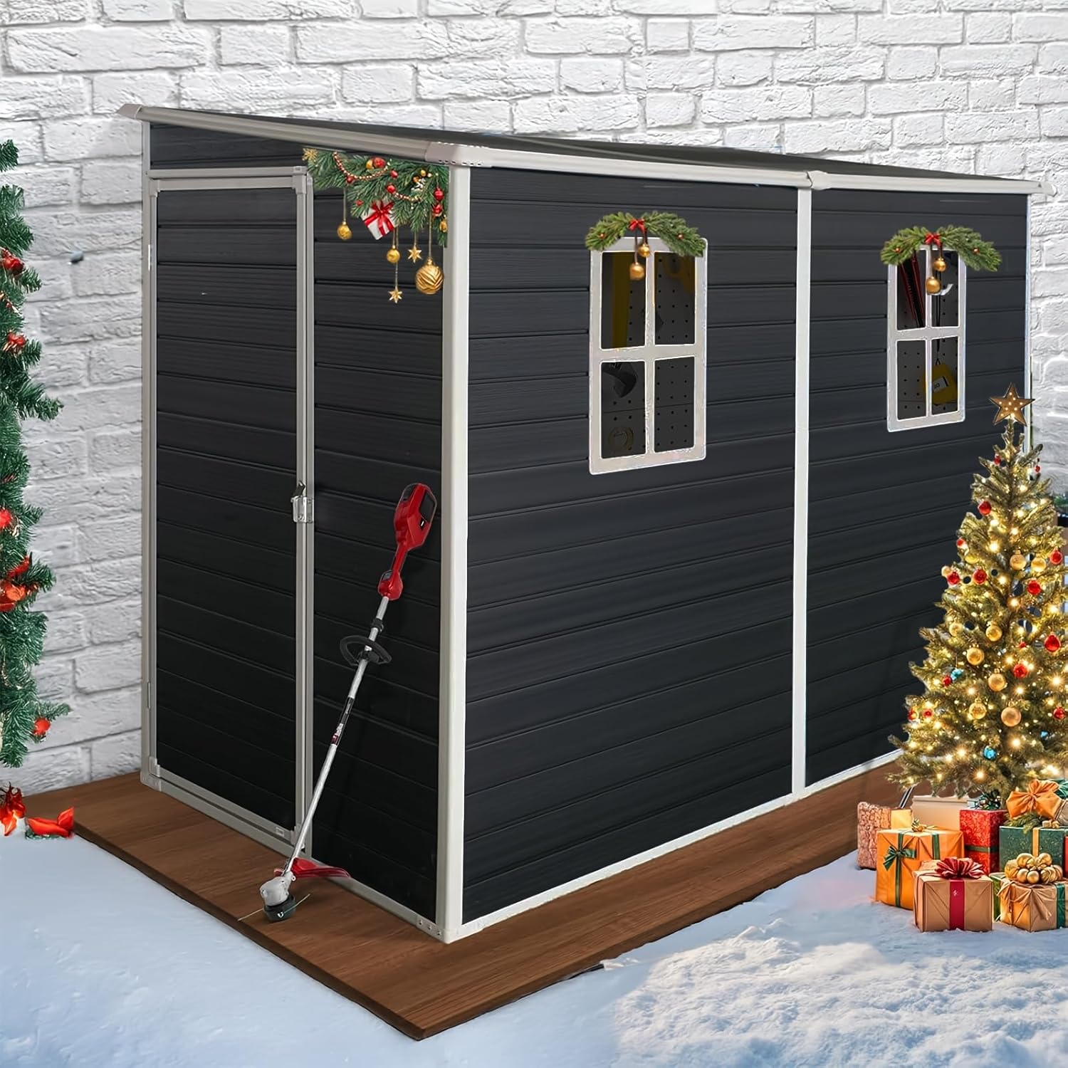 8x4ft Lean to Shed, Resin Outdoor Storage Shed with Floor and 2 Windows, Plastic Sheds & Outdoor Storage Clearance for Patio Furniture, Garden Tools Bike Accessories, Beach Chairs