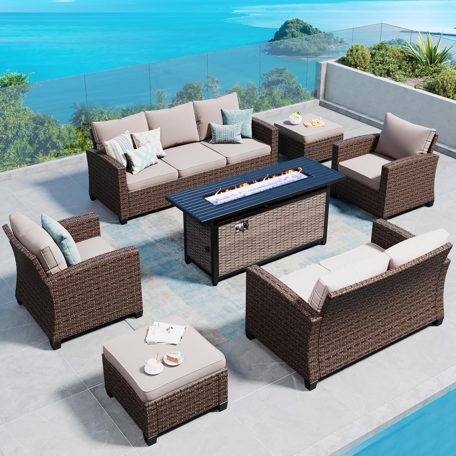 Patio Furniture Set Outdoor Furniture Brown Wicker Rattan Patio Conversation Sets with Cushion Outside Sofa Set,6 Pieces with Rectangular Firepit Table,9 Seats,Beige