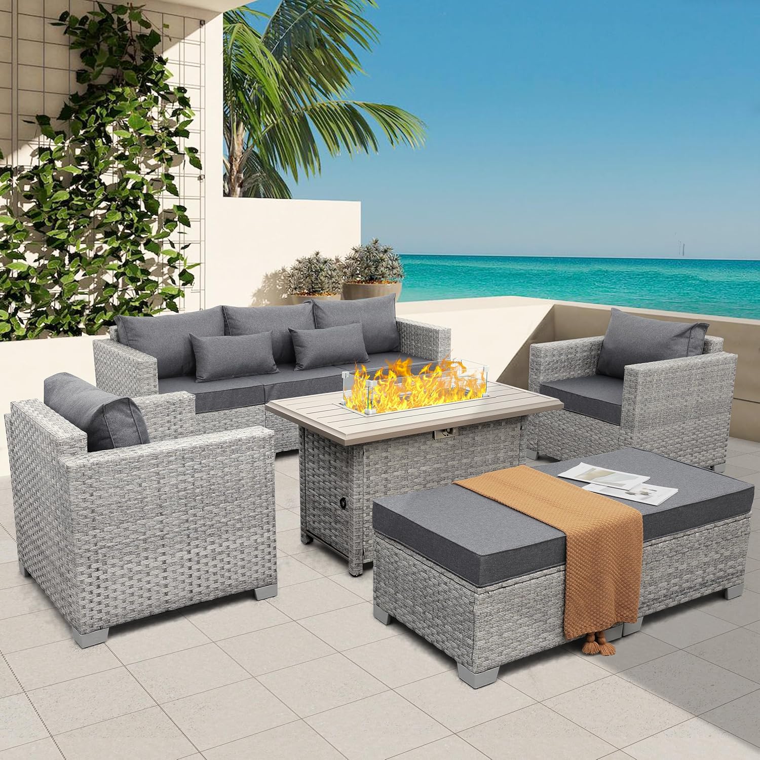WAROOM Patio Furniture Set 6 Piece Grey Wicker Outdoor Sectional Sofa Balcony Furniture Couch PE Rattan Conversation Sets with Fire Pit Table, Grey Cushion