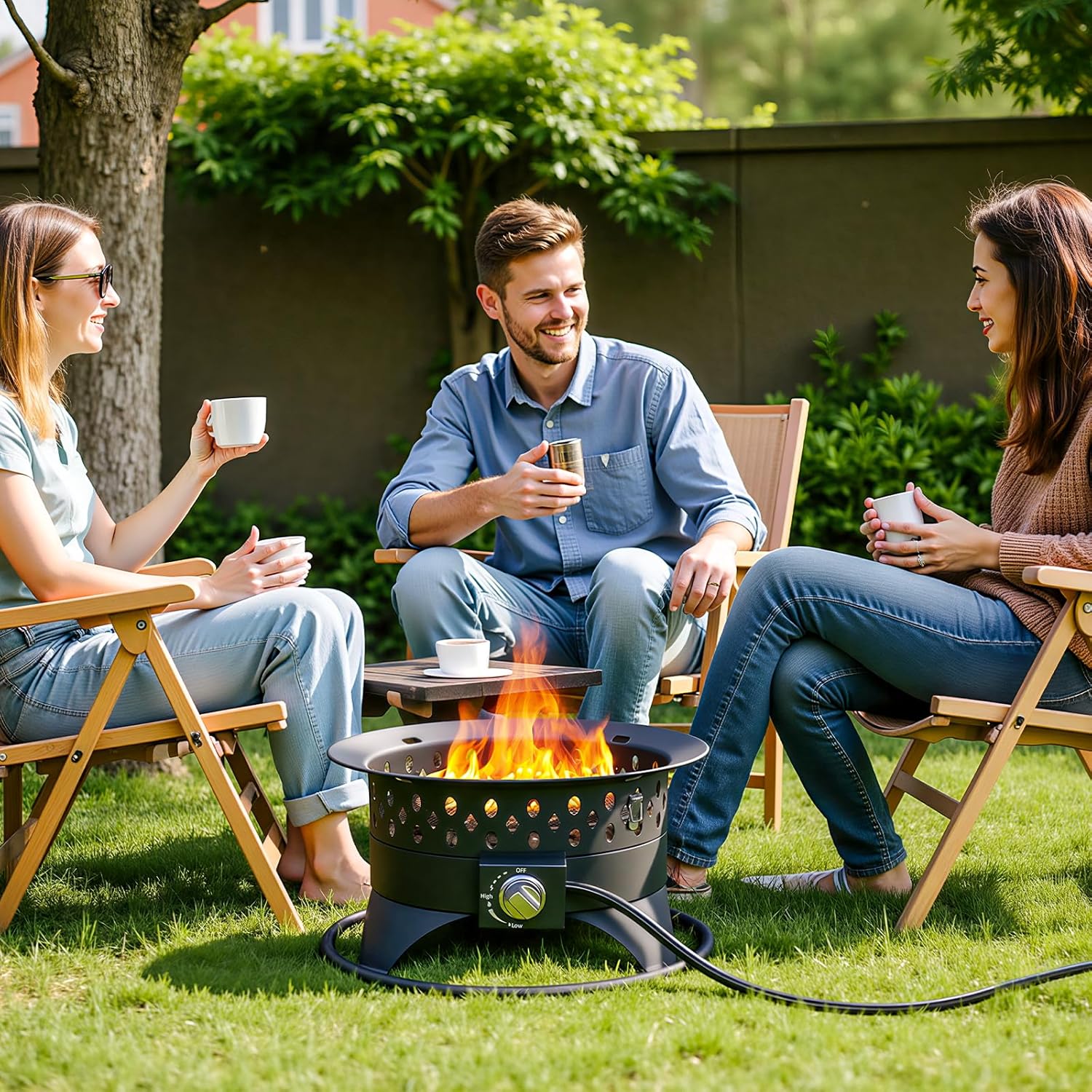 Breezz 20 Inch Propane Fire Pit with Grill, 60000 BTU Smokeless Gas Firepit for Outside Patio,with Foldable Cooking Grate & 7 lbs Lava Rocks, Adjustable Flame, Outdoor Camping BBQ