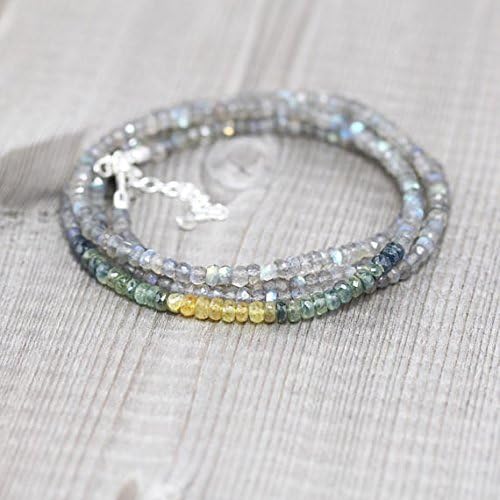 ombre blue, green, yellow sapphire & labradorite necklace. long beaded gemstone layering necklace in sterling silver, rose or gold filledfilled filled 3.5 to 4mm 16