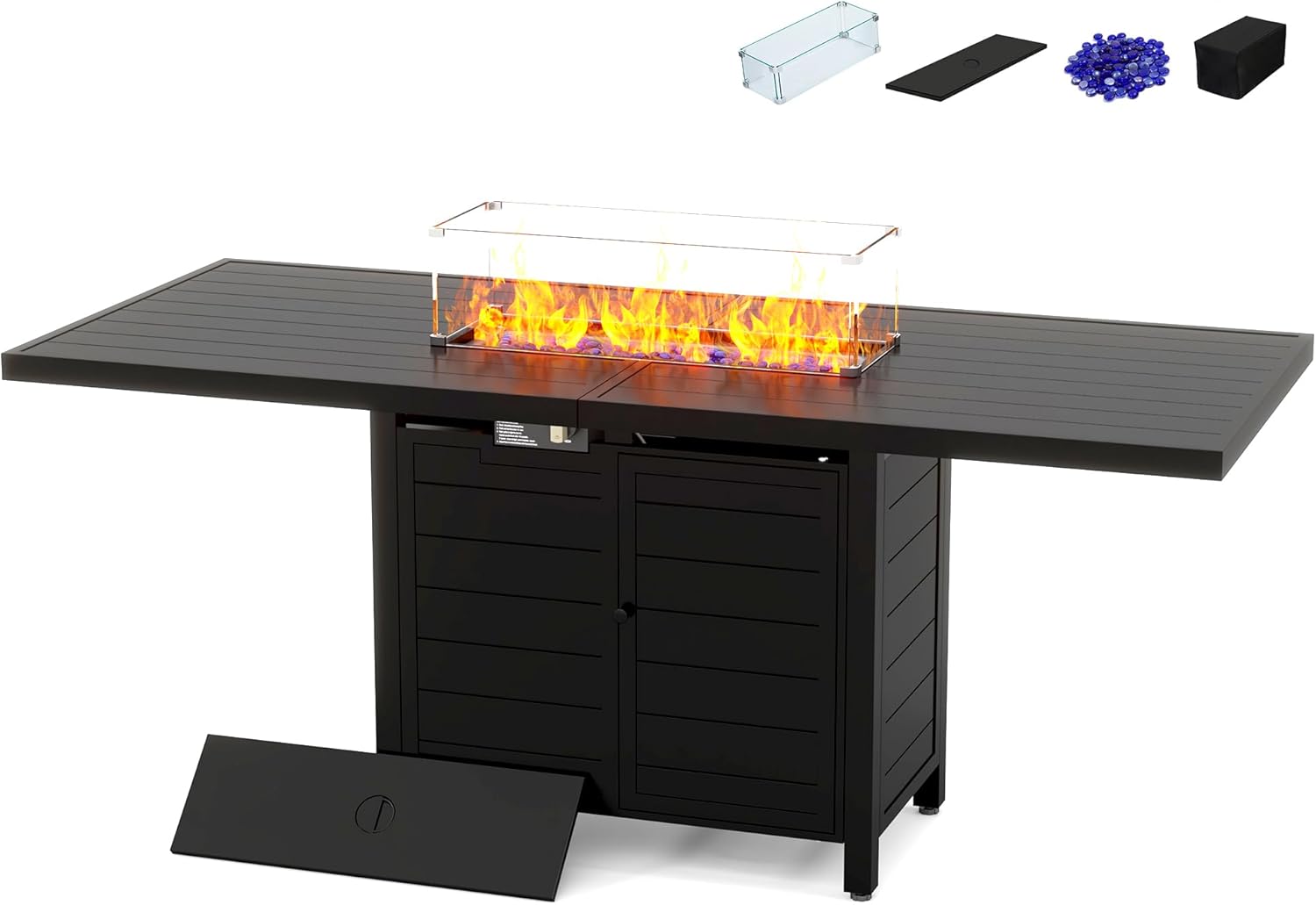 PIZZELLO 60 Inch Propane Firepit Table - Outdoor Rectangular Aluminum Fire Table w/Wind Guard - 50,000 BTU Gas Fire Pit with Glass Beads and Waterproof Cover