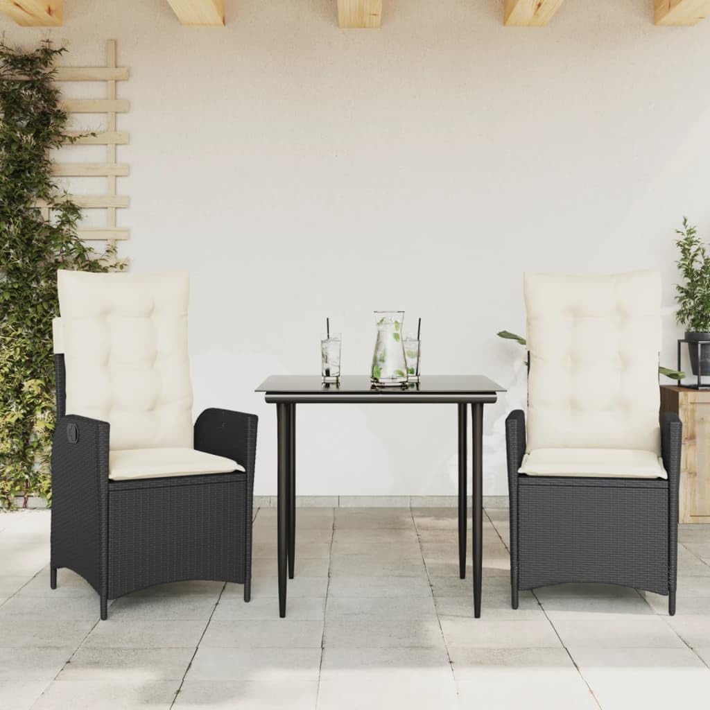 3 Piece Patio Dining Set with Cushions Black Poly Rattan Garden Furniture