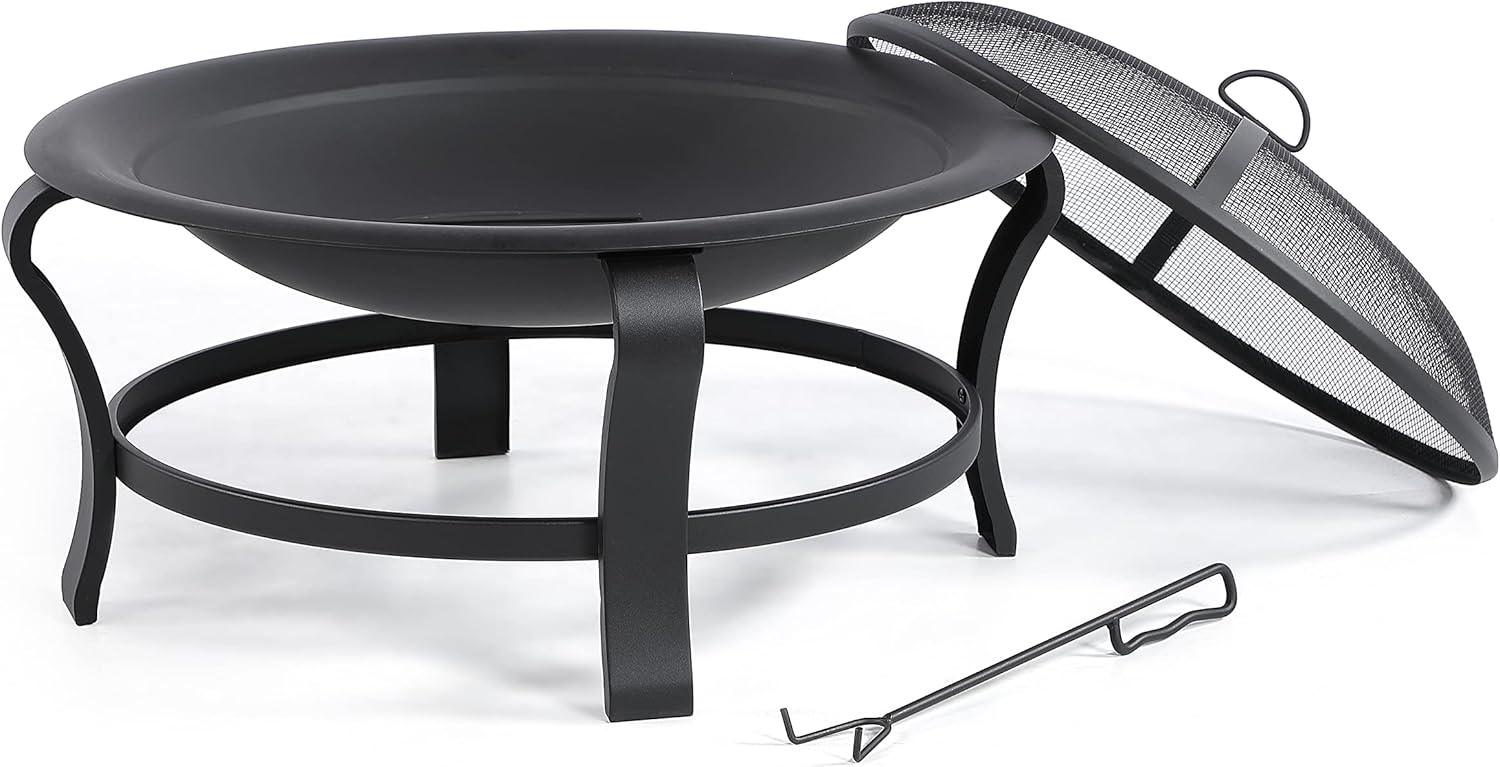 30 inch Steel Fire Pit Set, Wood Burning Pit - Includes Screen, Cover and Log Poker - Great for Outdoor and Patio, 30