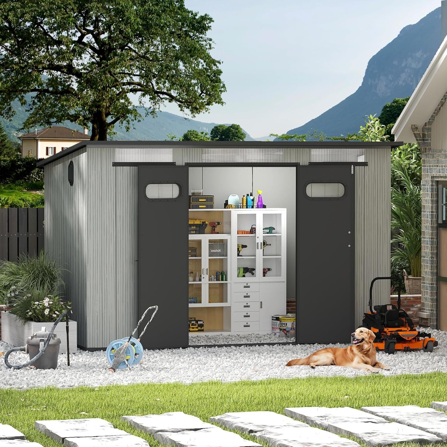 6x11 FT Outdoor Resin Storage Shed with Mats, All-Weather Sloping Plastic Storage Sheds with Lockable Doors & Vents, Outside Tool Storage Shed for Backyard, Garden, Mower, Bike & Pool Equipment