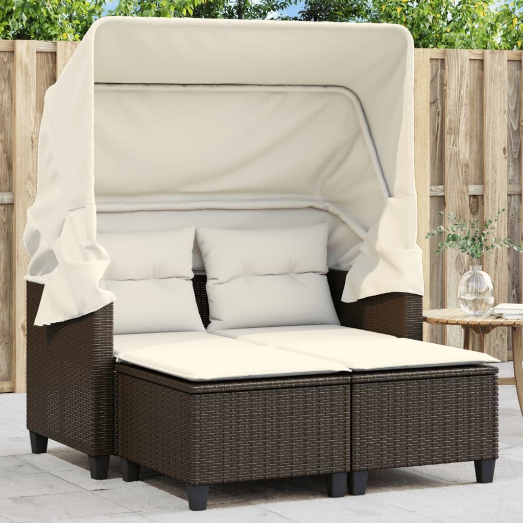 Patio Sofa 2-Seater with Canopy and Stools Brown Poly Rattan,Comfortable Patio Sofa with Retractable Canopy and Versatile Stools for Outdoor Relaxation Patio Furniture & Accessories, Outdoor Seating