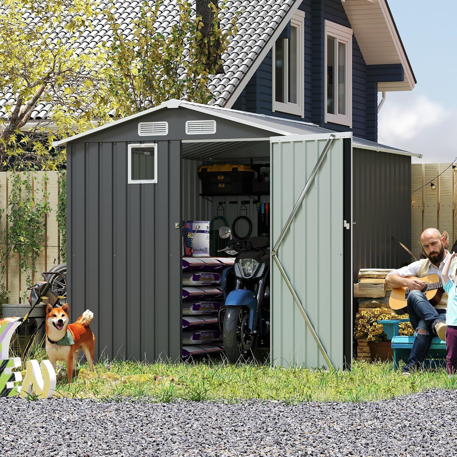MyVoice 6x8 FT Outdoor Storage Shed for Backyard Organization - Heavy-Duty Metal Tool Shed with Lockable Doors, Weatherproof Steel Garden Shed for Bike, Patio & Utility Storage (Gray)