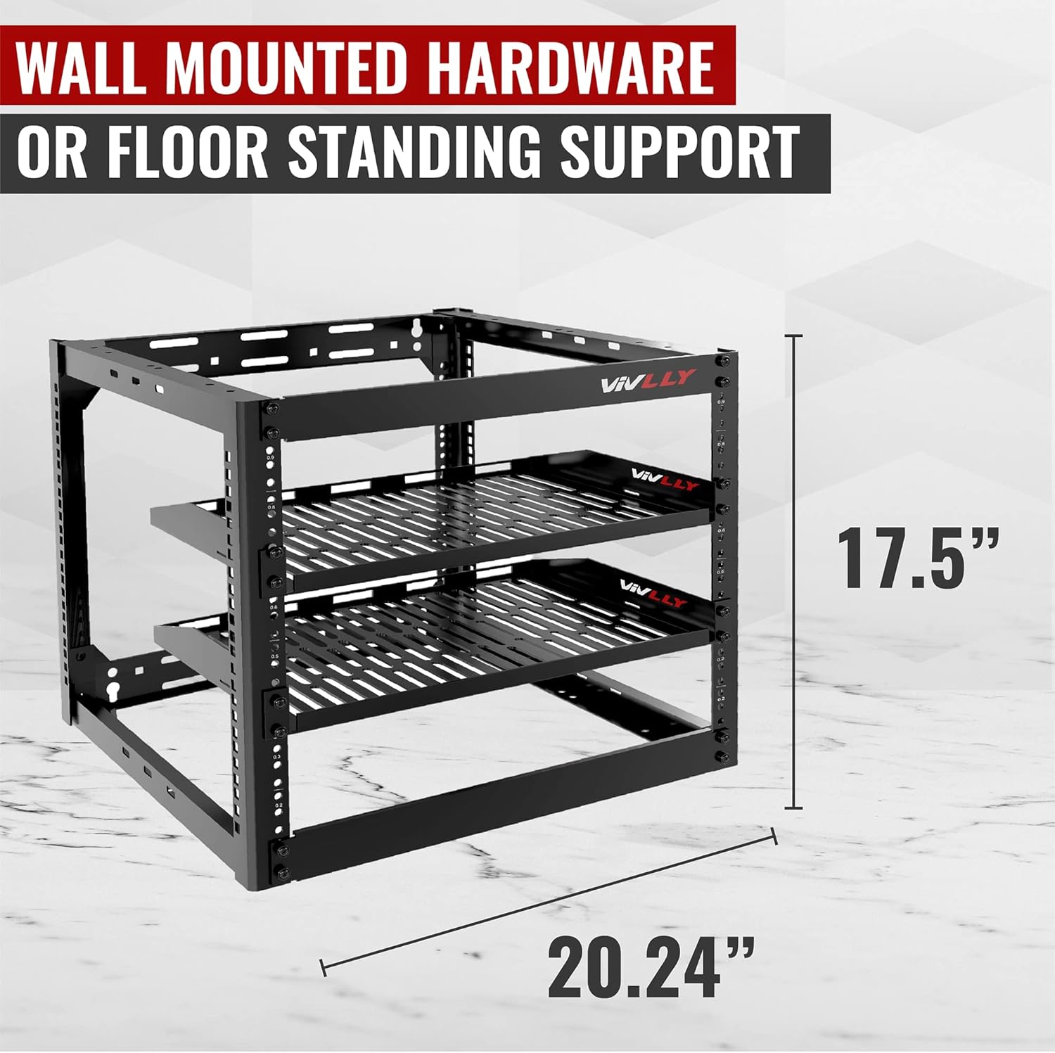 10U Server Rack Heavy Duty Open Frame Network Rack Mount 19 Inch - Wall Mount or Floor Standing IT Equipment Cabinet - 400lbs Capacity Networking Data Center Rack with 2 Vented Shelves - Vivlly