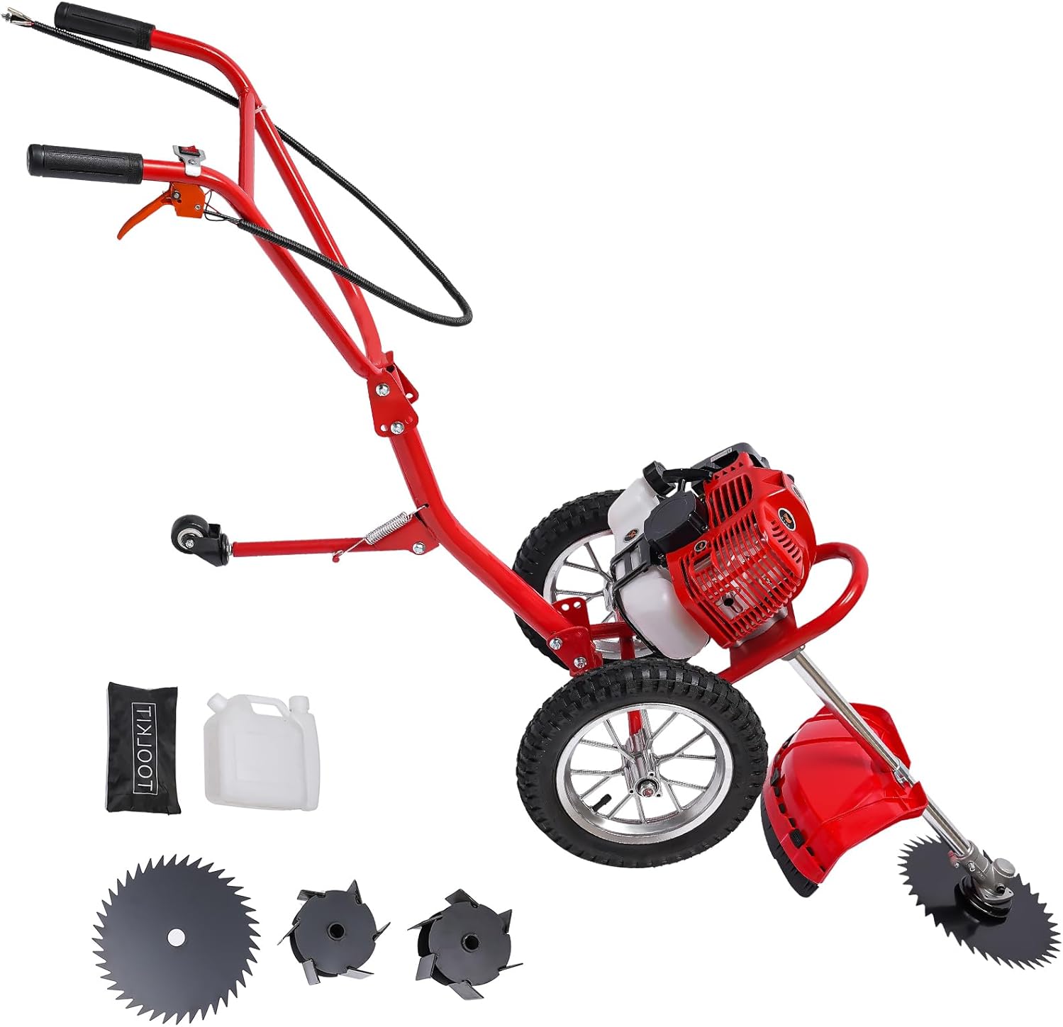 49CC 2-Stroke Gas Lawn Mower 1.8 KW Hand-Push Weeder 2-in-1 Grass Trimmer Dual-Blade Cultivator Home Single Cylinder Gasoline Garden Lawn Mower for Lawn, Yard, Small Farms