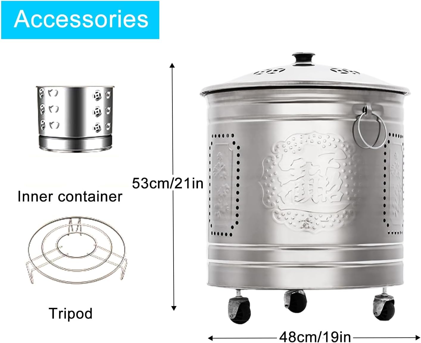 Incinerator, Burn Barrel, Outdoor Fire Pit, Burn Cage, Including Tripod, Inner Liner, for Wood, Garden, Backyard, Farm,Bonfire(Silver,48cm/19in)