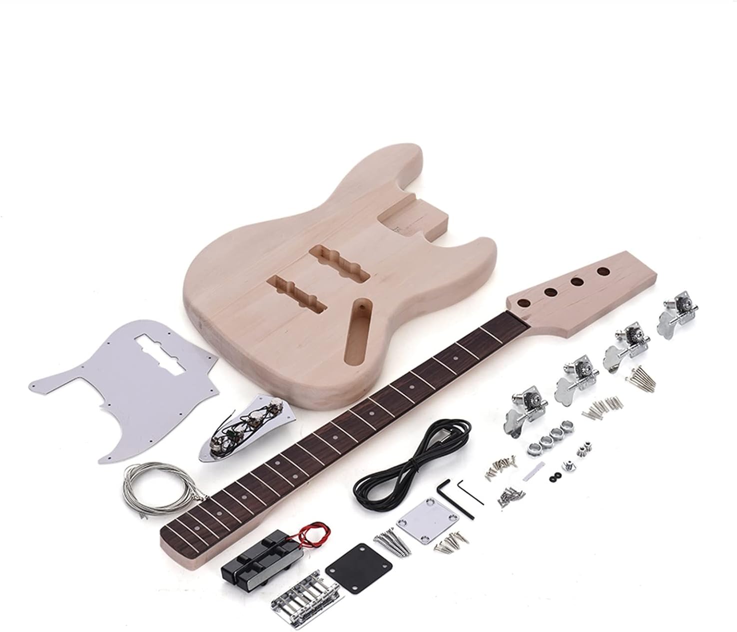 Bass Style 4-String Electric Bass DIY Kit Solid Basswood Body Maple Neck Rosewood Fingerboard DIY Kit Set Unfinished Guitar Body