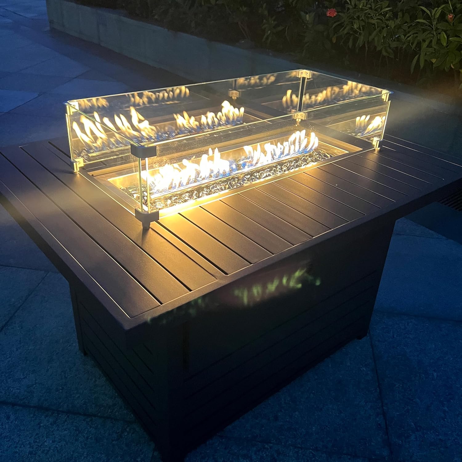 TWT 43.3 inch Outdoor Propane Fire Pit 2 in 1 Firepit Table Gas Fire Pit Table with Lid, Glass Wind Guard Rectangle Gas Firepit Table for Garden/Patio, CSA Certification (Dark Grey)