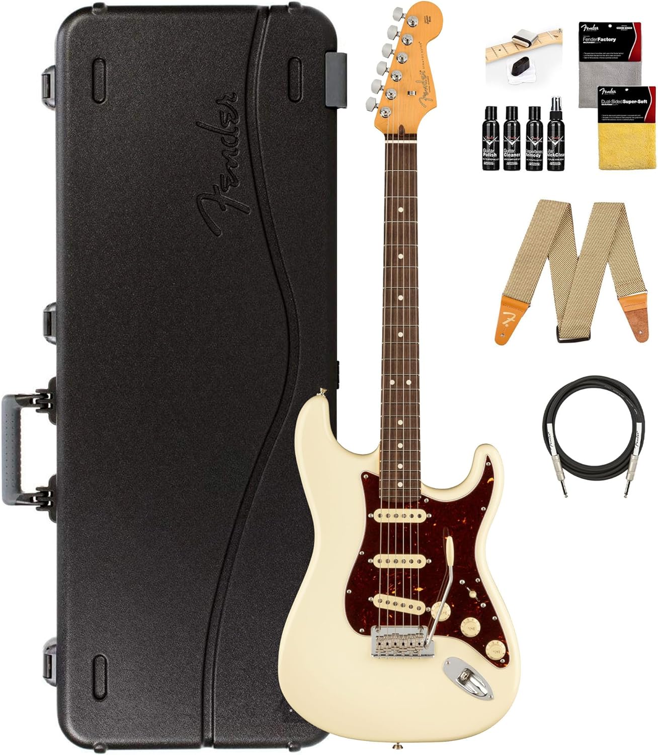 Fender American Professional II Stratocaster - Olympic White Bundle with Case, Strap, Cable, and Guitar Cleaning Kit