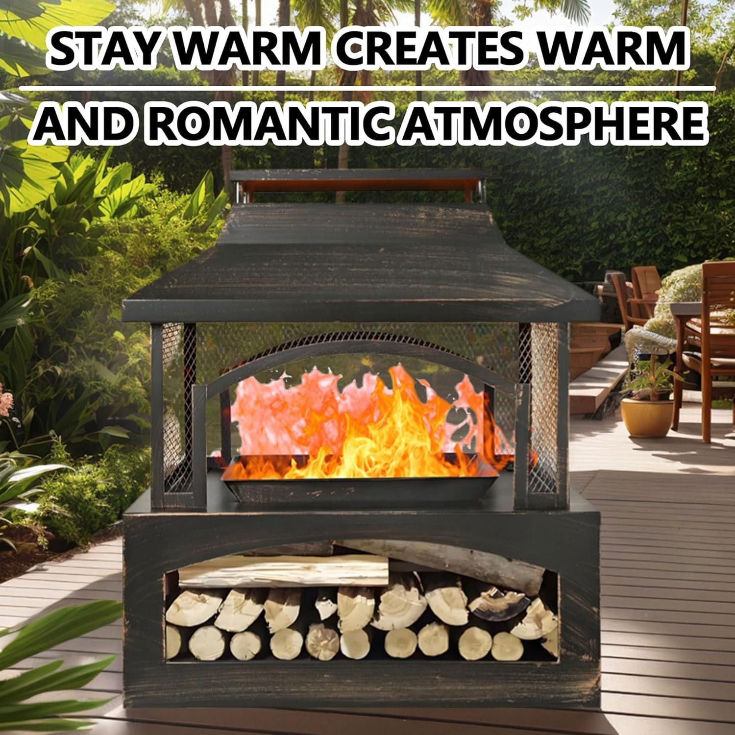 Steel Fire Pits for Outside Wood Burning, 37-Inch Rectangular Outdoor Fireplaces with Chimney & Fire Poker, Large Firepit & Fire Table for Backyard Patio Party Camping Picnic