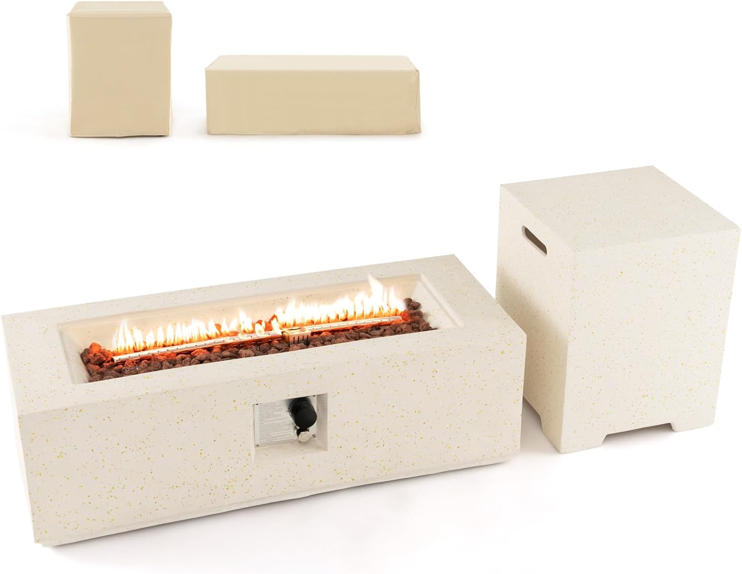 Tangkula 50,000 BTU Propane Fire Pit Table Set, 42” Terrazzo Fire Pit Table with Hideaway Tank Holder, Stainless Steel Burner, Protective Cover, Lava Rocks, Fit 20 lbs Tank