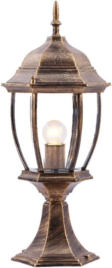 European Outdoor Waterproof Pillar Lamp Lawn Post Light Fixture E27 with Glass, Light Posts Pier Mount Outdoor Lighting Fixtures Landscape Yard Pathway Deck Garden,Brass,5.5in*14.5in