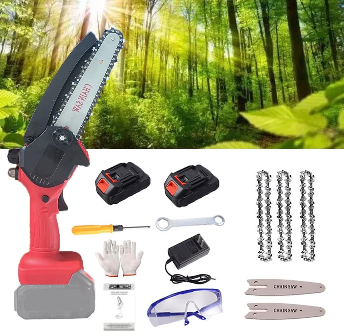 Mini Chainsaw,6 Inch Mini Chainsaw Cordless,One-Hand Chainsaw, Electric Chainsaw,Handheld Mini Chainsaw,Cordless Power Chain Saws with Security Lock (Color : Red-36V, Battery *1 : 3*Chain)