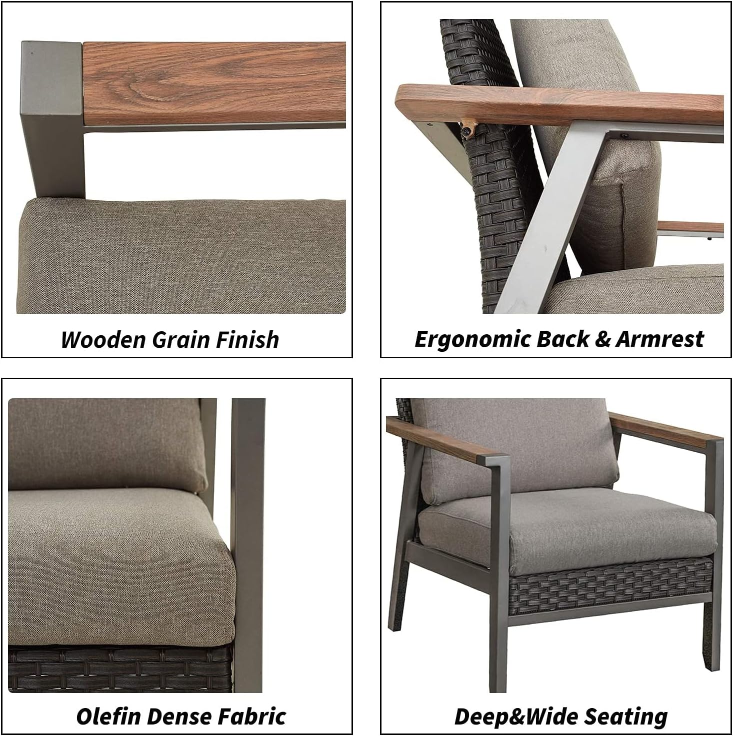 Fire Pit Table Set of Propane Fire Table and 4 Wicker Chairs with Thick Cushions and Rattan Back for Grey