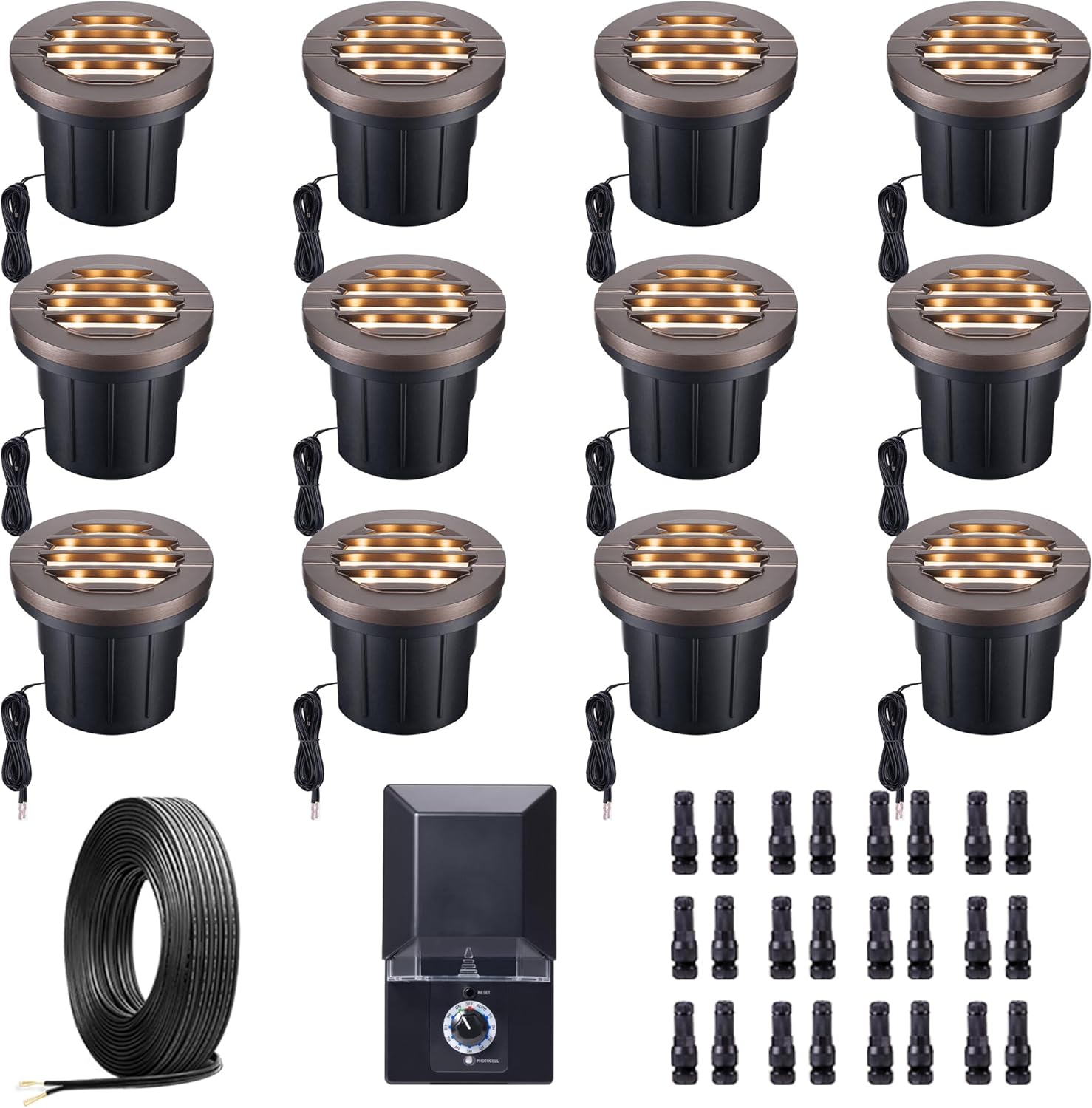 Ground Well Lights Kit, 12 Pack Landscape Low Voltage Inground Lights and 200W Transformer and 250FT Cable and 40 Wire Connectors, Outdoor Waterproof IP67 Aluminum for Backyard Wall 6W 350LM