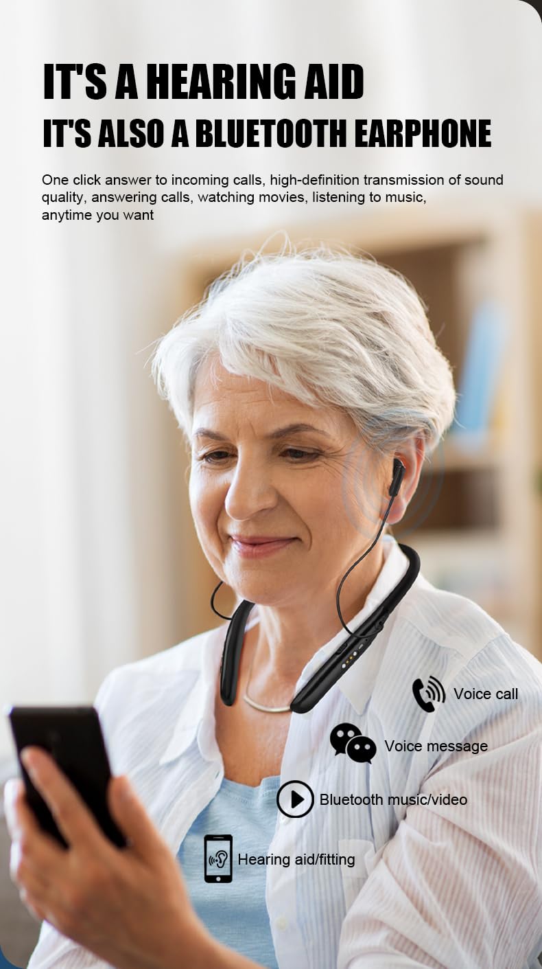 CZ-T01 Neckband Hearing Amplifier & Aids with free APP and Bluetooth 50dB Gain for Moderate-Severe Hearing Loss, 34-Channel Noise Cancelling, 30H Rechargeable,preventing loss, keeping devices safe