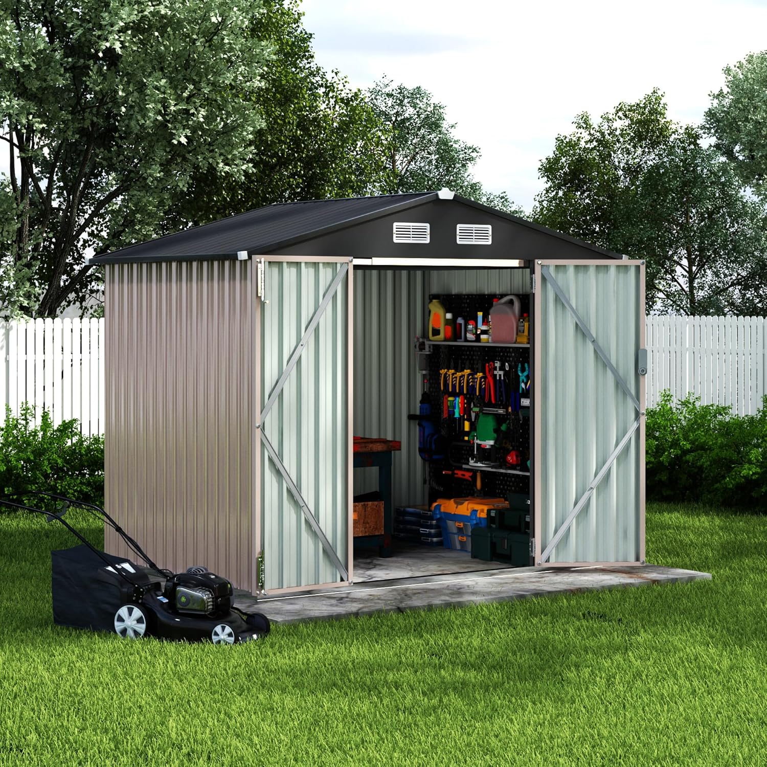 GarveeLife 6x8x6.4 ft Outdoor Storage Sheds, Metal Garden Tool Shed for Backyard, Large Metal Sheds Outdoor Storage with Lockable Doors & Air Vents for Backyard Garden Patio Lawn