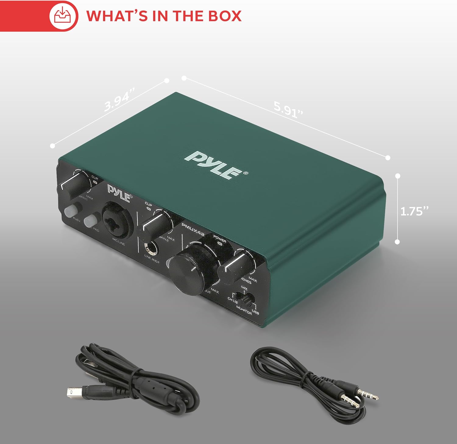 Pyle USB Audio Interface for Recording, Streaming & Podcasting – 2 Inputs 2 Outputs, 48V Phantom Power, 24bit/192kHz ASIO, Studio-Quality Sound, Rugged Metal Chassis - Compatible with Windows/Mac