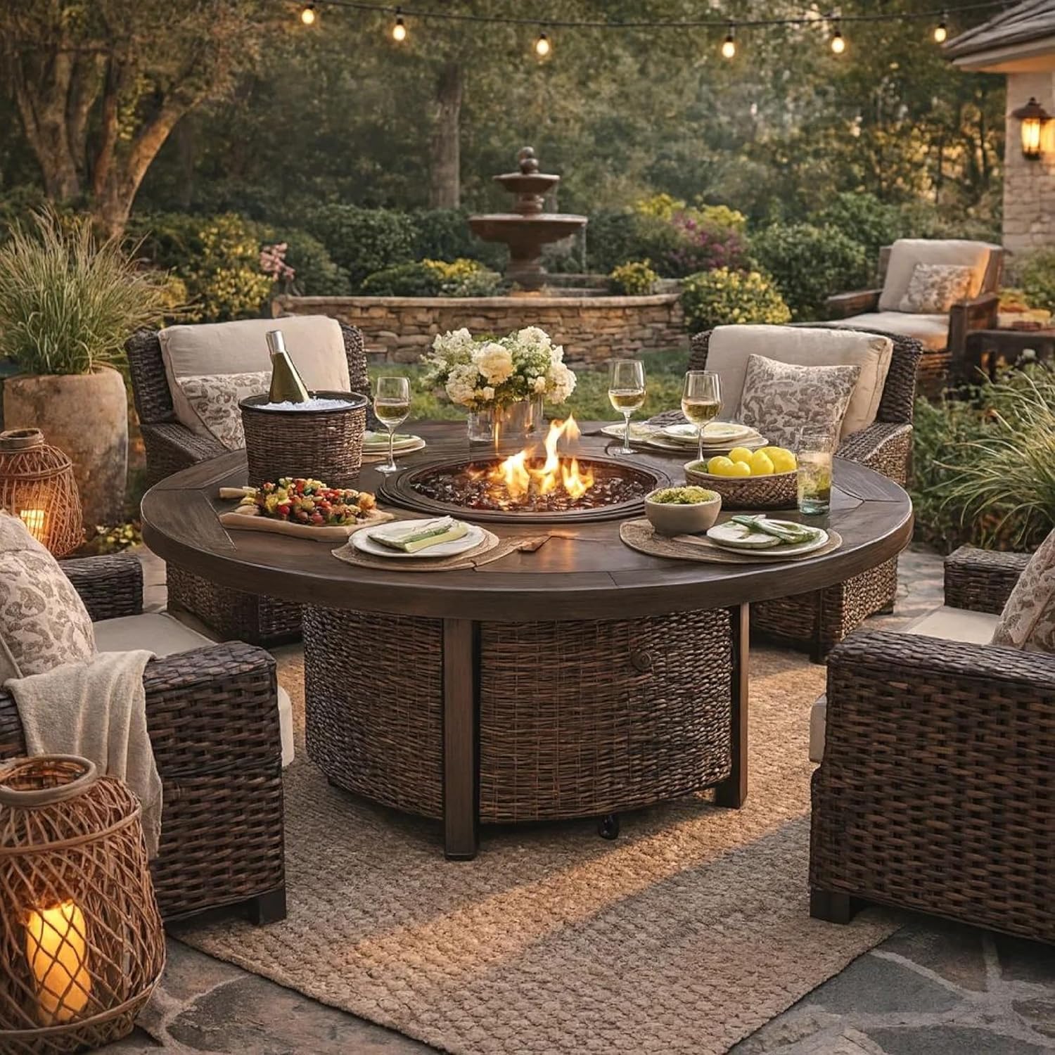 Benjara BM210647 48 Inches Round Fire Pit Table with Handwoven Resin Wicker, Brown