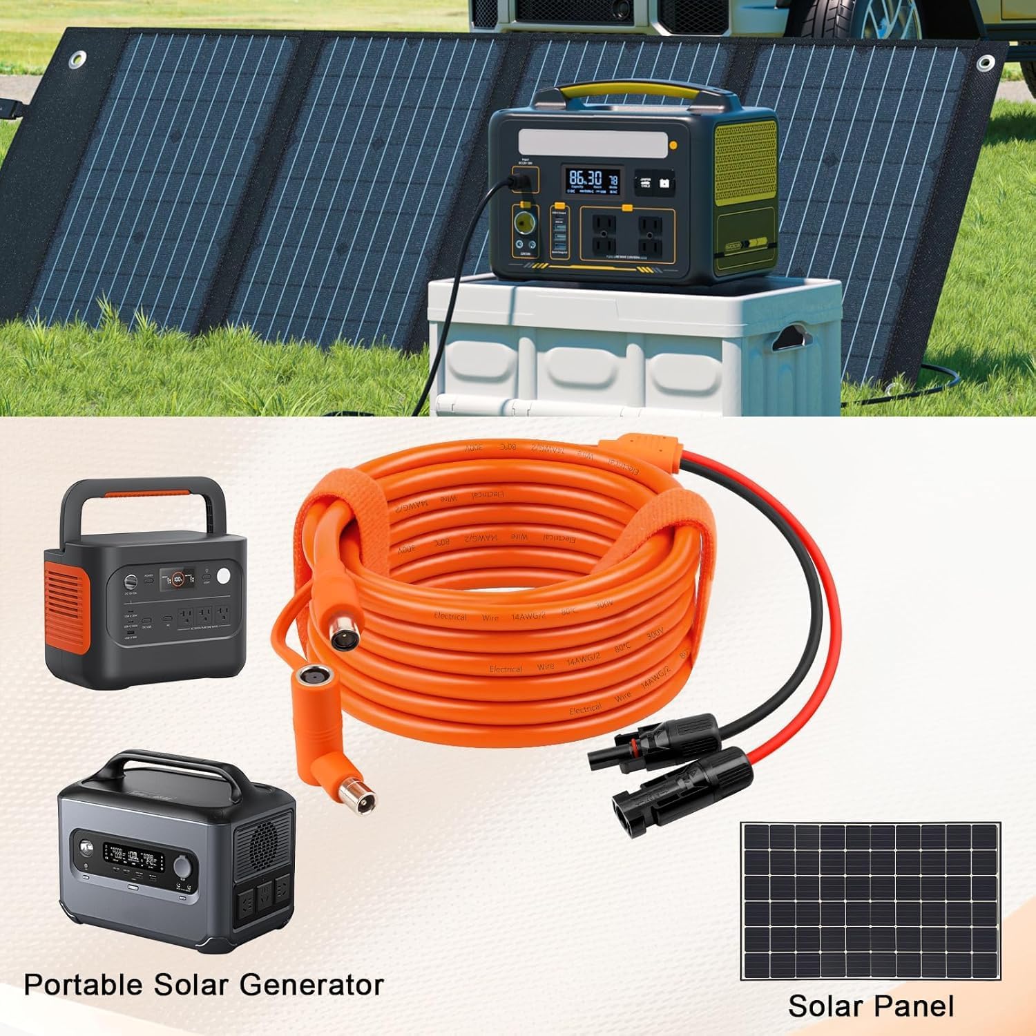 Solar to DC 8mm Charge Extension Cable 100FT,12AWG+14AWG Solar Cable with Solar Panel Connector to DC7909/8020 Compatible with Anker,GZ Yeti,BLUETT,Jackery Portable Power Station