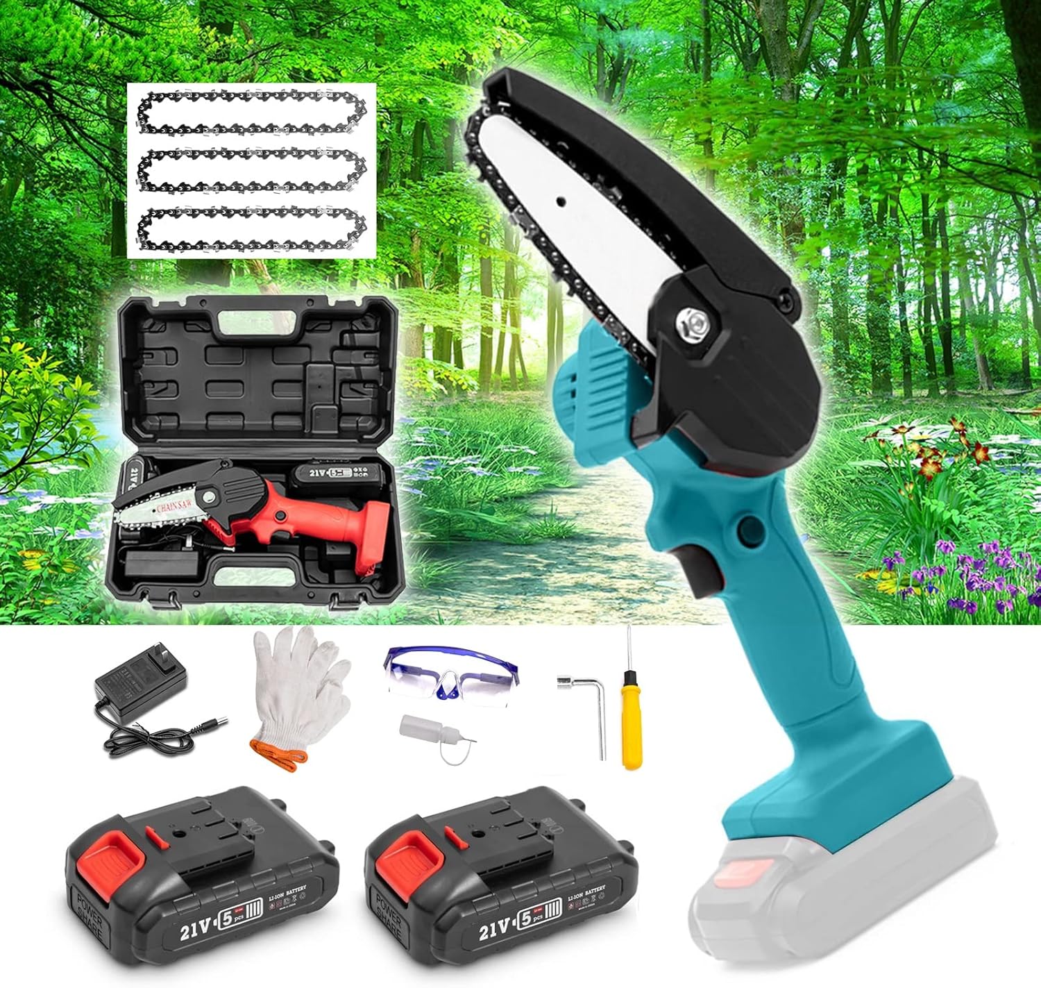 Mini Chainsaw 4 Inch Cordless,Super Lightweight and Powerful Handheld Mini Chain Saw with Security Lock,with 1500mAh 21V 2 Batteries Powered Kit and 4Pcs Chains,for Tree Trimming Branch Wood Cutting