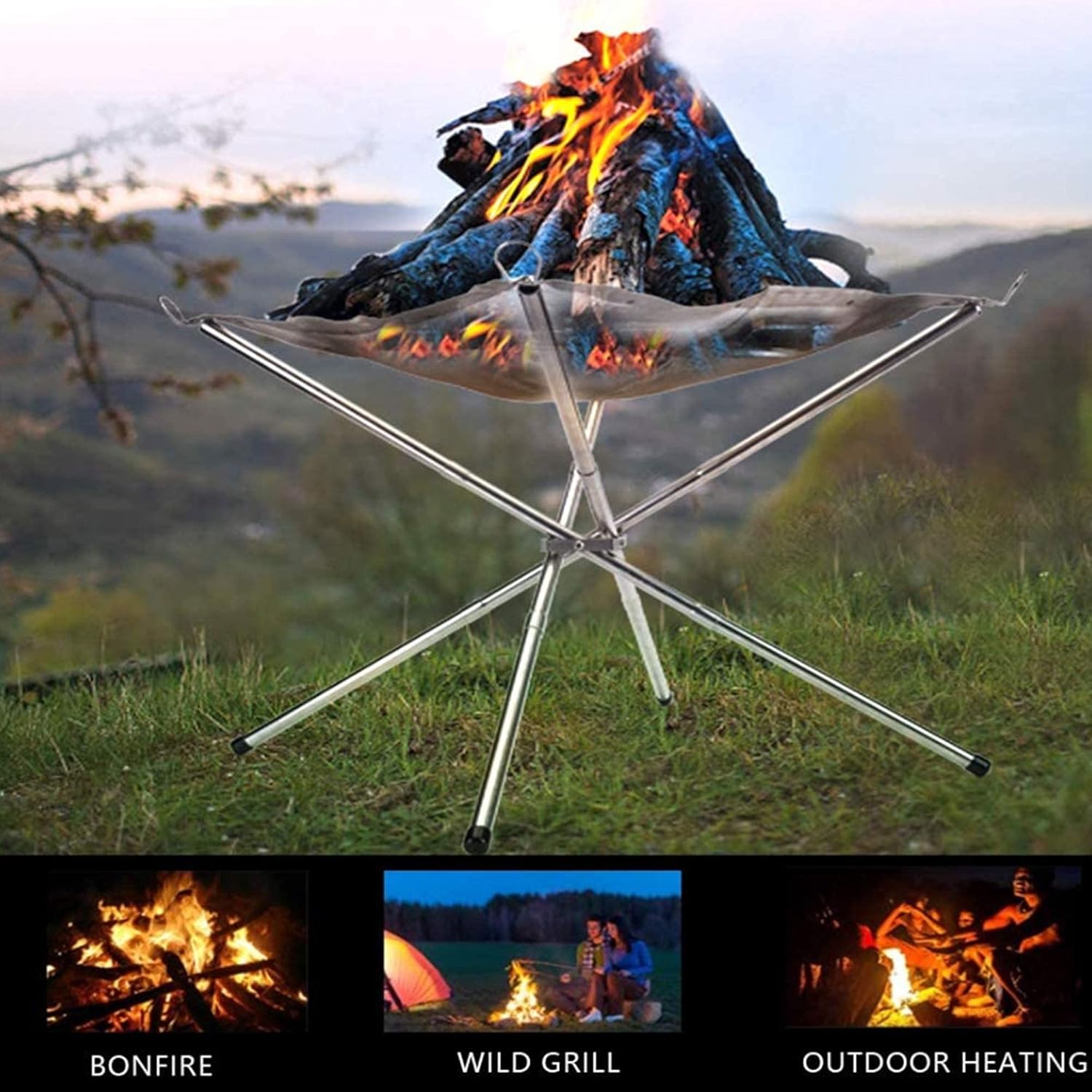 Foldable Fire Pits Outdoor Wood Burning,Portable Fire Pit for Camping,Outside Patio Heater,Stainless Steel Mesh Fireplace,Easy to Assemble