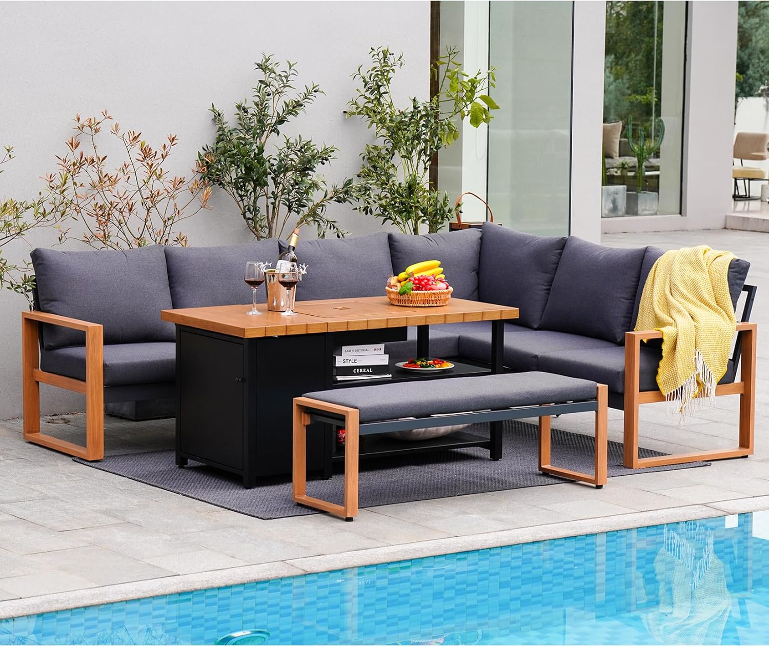 Grand patio 4-Piece Outdoor Furniture Set with Gas Fire Pit Table, Aluminum Patio Sofa Set for 8 with Faux Wood Grain Finish, Modern Patio Couch Sofa with Outdoor Bench and Chaise for Backyard