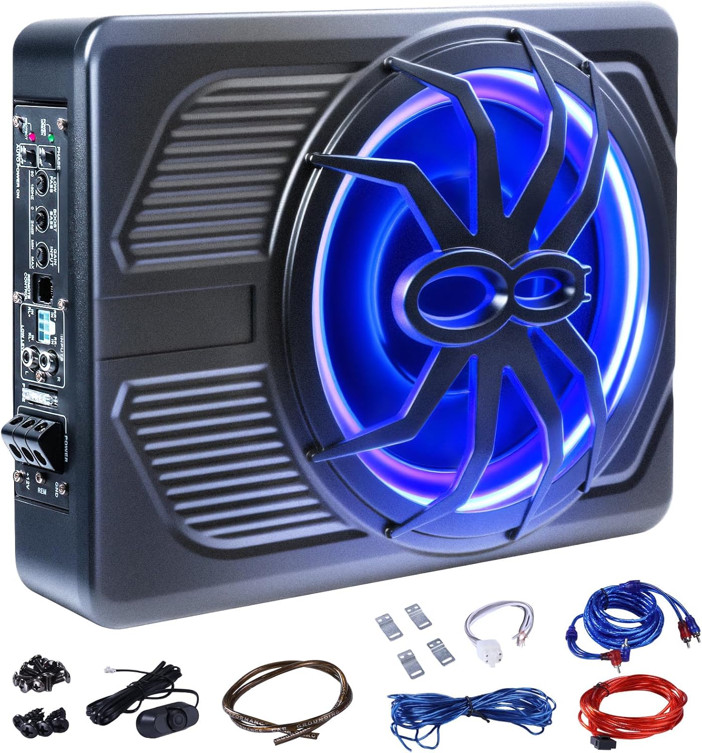 Andeman 1000W Car Subwoofer, 10'' Slim Under Seat Powered Car Subwoofer w/Built-in Amplifier & Hi/Lo Input, Bass Speaker Subwoofer with Blue LED Light, Individual Control, for Car/Truck/SUV/Jeep/MPV