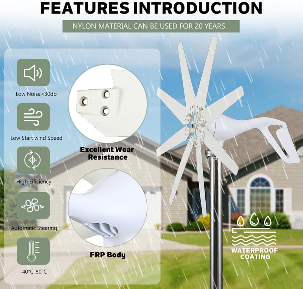 3000W 12V-220V Vertical Axis Maglev Wind Turbine 8 Blades, Free Energy Household Windmill Adjustable Windward Direction & 2.5M/S Start Wind Speed
