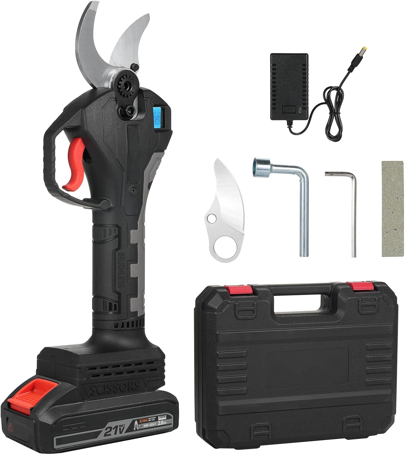 Powerful & Strong Blade,Efficient Brushless Motor Electric Pruning Shears for Cutting Branches Over 40mm,for Garden Trees, Parks and Farms with LCD Display (US Plug & 1 Battery)