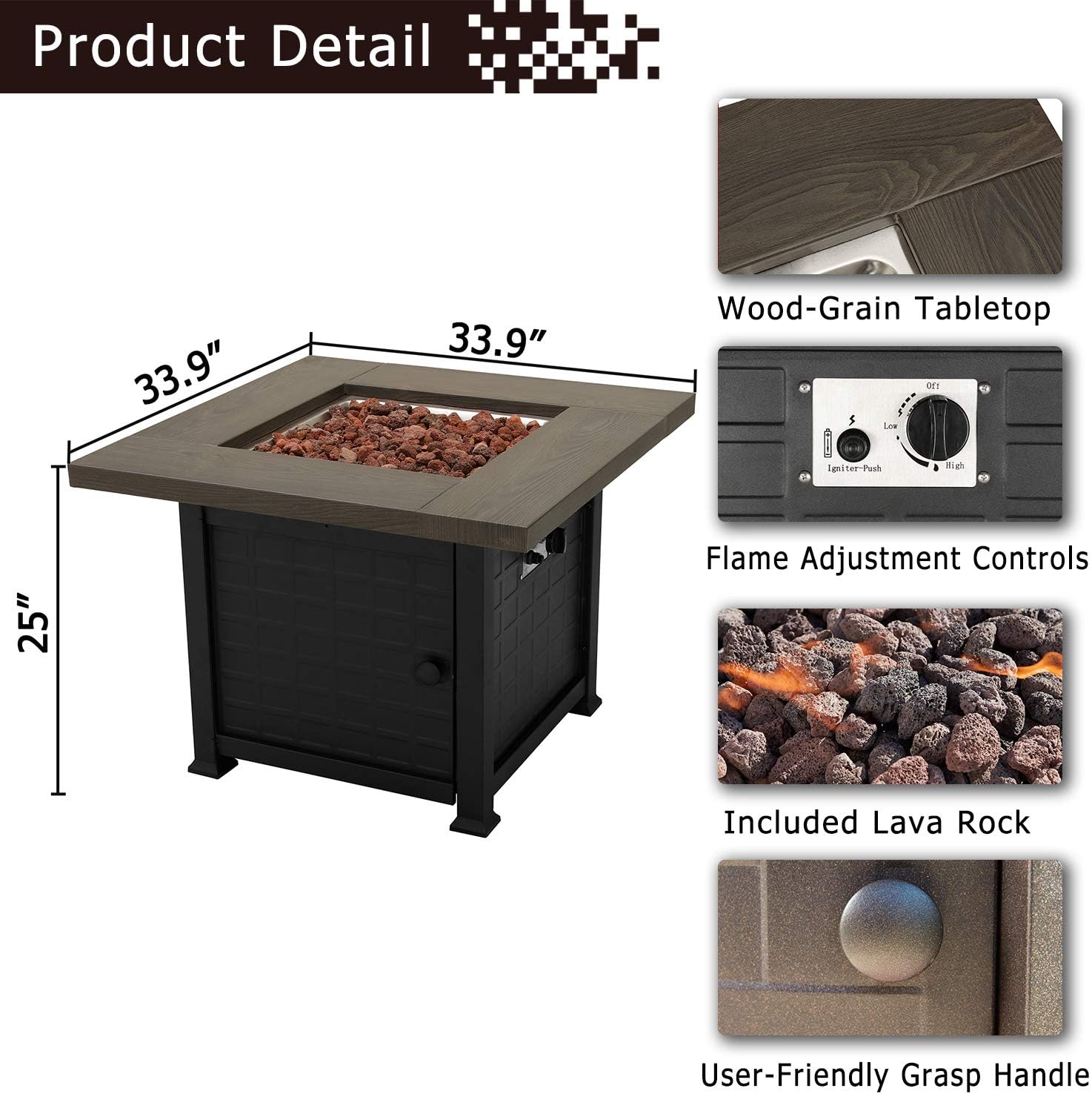 5 Pcs Outdoor Fire Propane Pit Conversation Set, 4 Patio Dining X Wicker Armchair Chairs with Cushions Metal Frame and 34 inch 50000 BTU Auto-Ignition Square Propane Gas Fire Pit Table