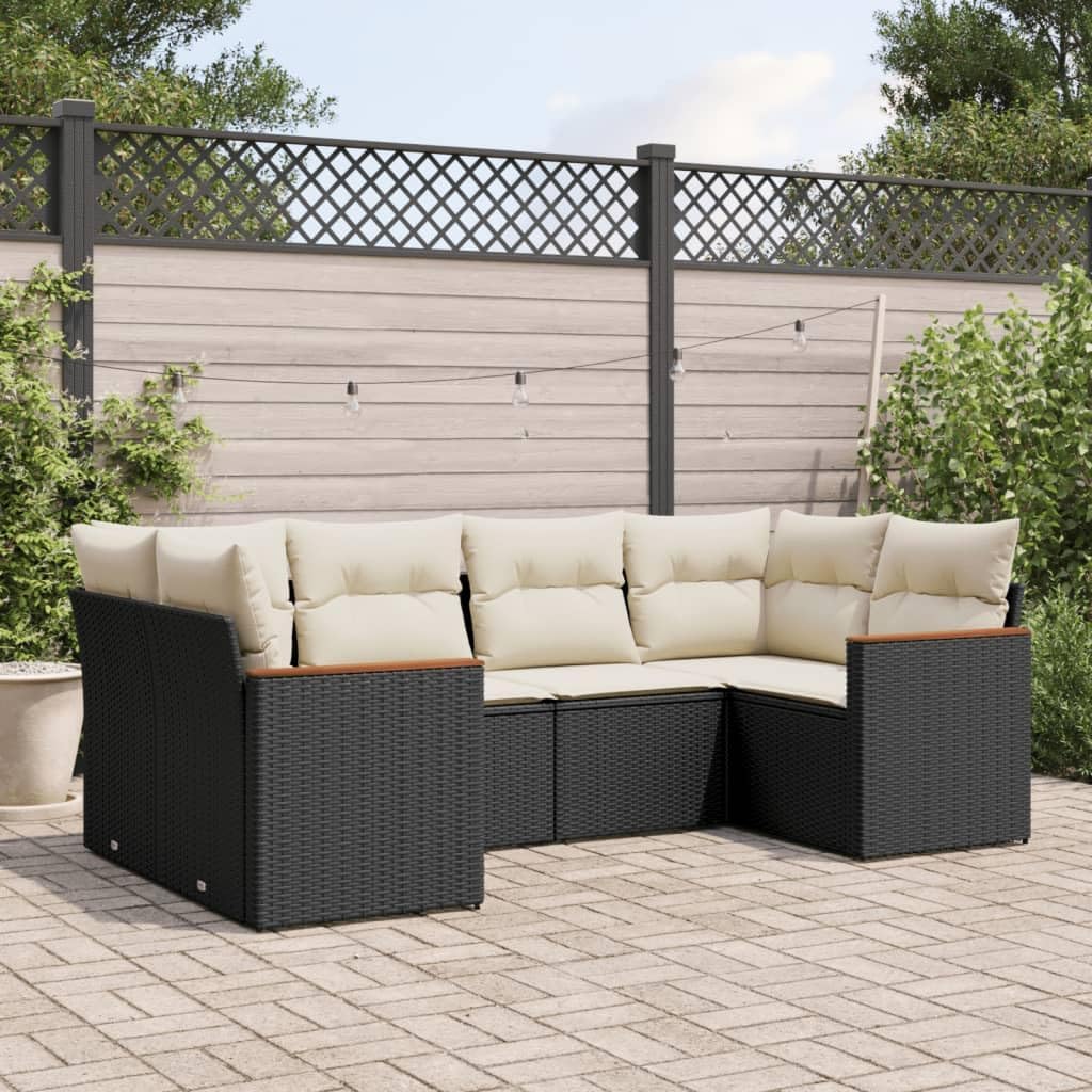 6-Piece Modular Garden Sofa Set, Black PE Rattan, Powder-Coated Steel Frame, Cream Cushions, Outdoor Patio Furniture Seating for Deck, Balcony, Terrace