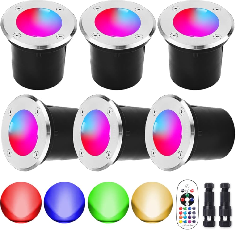 Low Voltage RGB Landscape Lights,Color Changing Outdoor In-Ground Light with Connectors RGB Well Lights 12-24V Landscape Lighting for Outdoor Christmas (RGBW 6 Pack)