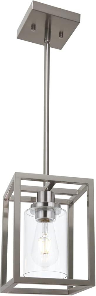 VINLUZ Contemporary Pendant Lighting,Single 1 Light Brushed Nickel Cage Hanging Light with Clear Glass Shade for Kitchen Island Entryway Dining Room Hallway Porch