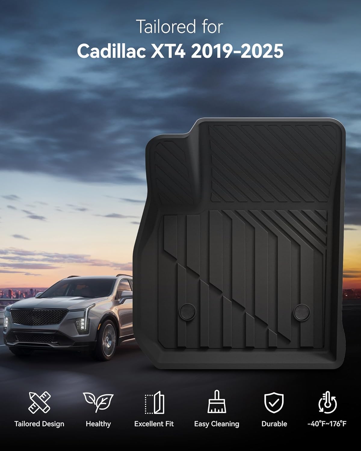 3W Floor Mats for Cadillac XT4 2019-2024 2025, Custom Fit TPE All Weather Car Accessories Cadillac Xt4 Floor Liner, 1st and 2nd Row Car Mats Black