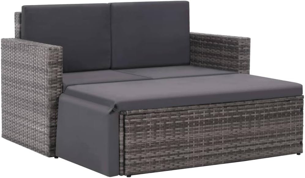 2 Piece Patio Lounge Set with Cushions Poly Rattan Gray,Modern Rattan Patio Sofa and Stool Set with Foldable Footrest for Comfortable Outdoor Seating Patio Furniture Sets, Outdoor Furniture Sets
