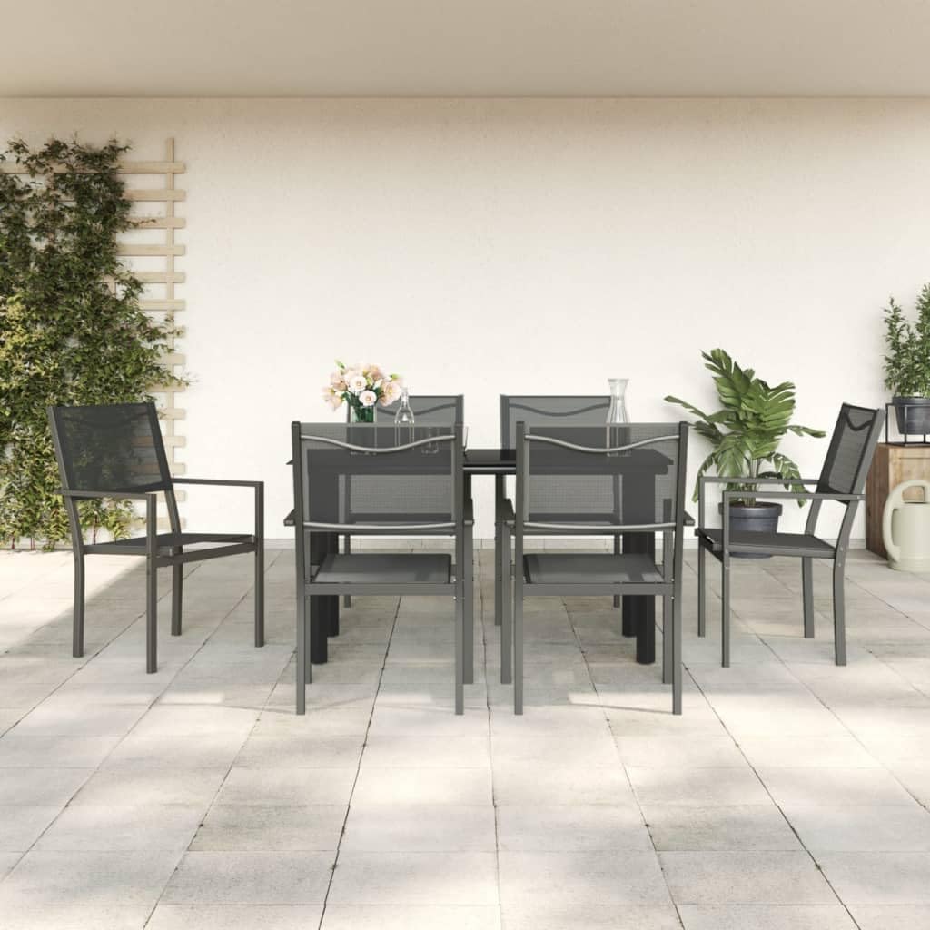 Furniture Sets 7 Piece Patio Dining Set Black Steel and Textilene,Outdoor Patio Dining Set with Durable Steel and Glass Table and WeatherResistant Textilene Chairs Garden Conversation Sets