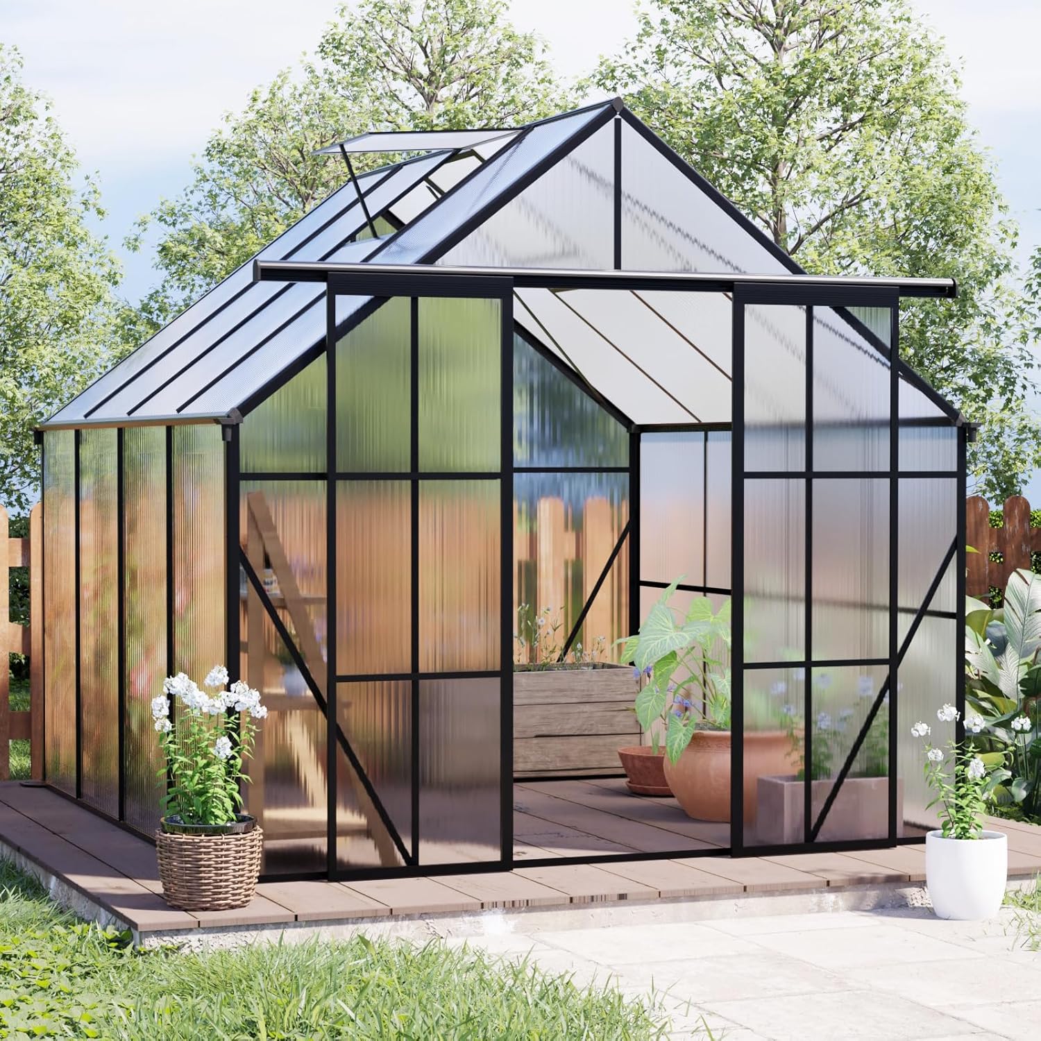 8*8ft Double Door Garden Greenhouse, Heavy Duty Walk-in Greenhouse with Skylight, Polycarbonate Raised Base, Suitable for Outdoor Patio, Garden, All Seasons