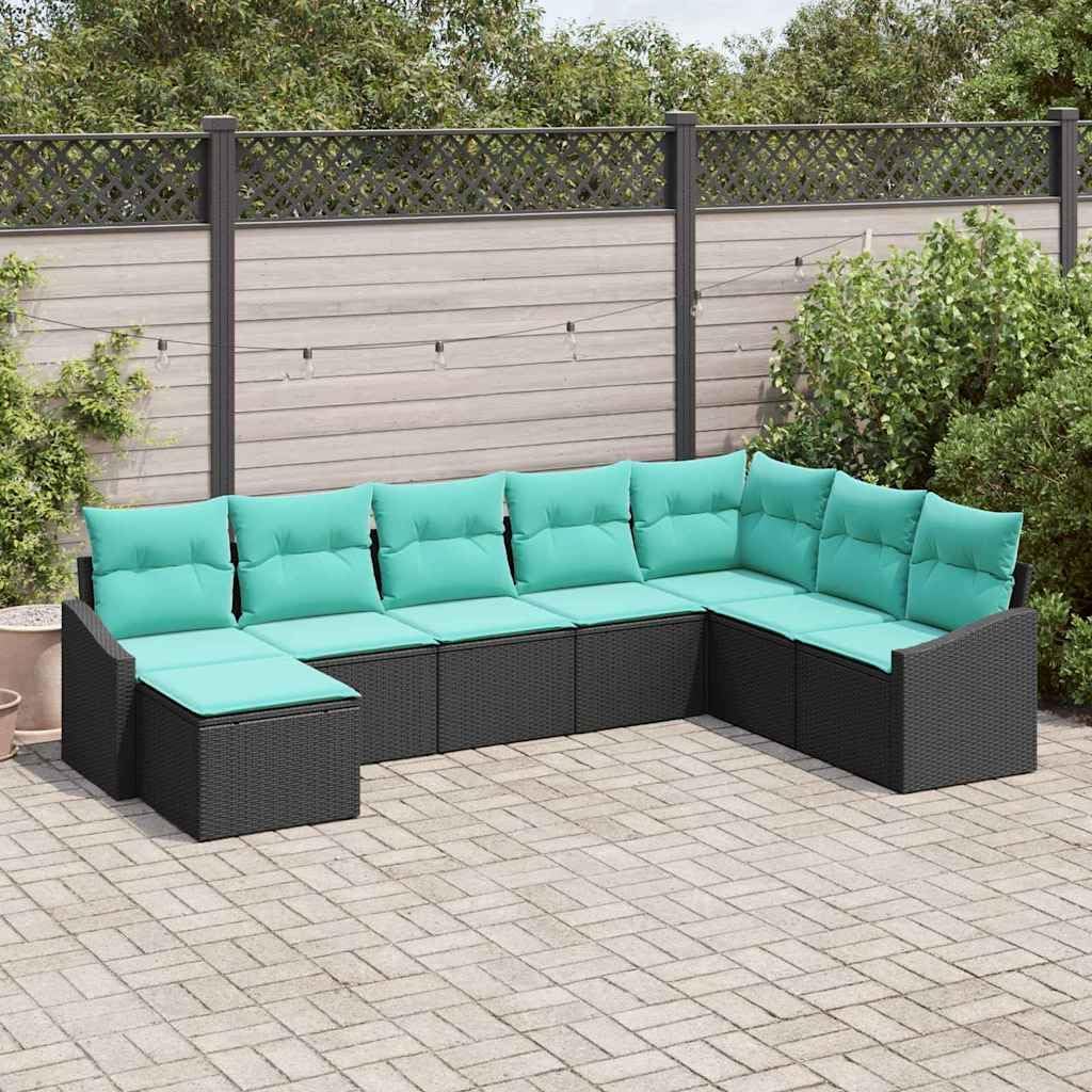 Garden Sofa Set 8 pcs Black and Turquoise Poly Rattan, Outdoor Patio Furniture with Storage, Modular UV-Resistant Seating for Balcony