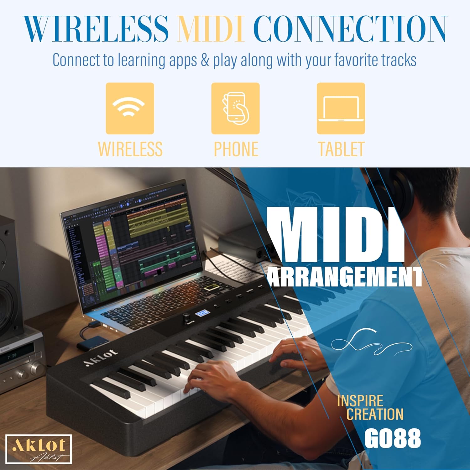 AKLOT Piano 88-Keys Weighted Hammer-Action, Electric Keyboard Digital Piano, Electric Triple Pedal, Dual Keyboards,Beginner Pianos Book,128 Tone,Headphone, USB-MIDI,Music Stand,Piano Keyboard Stickers