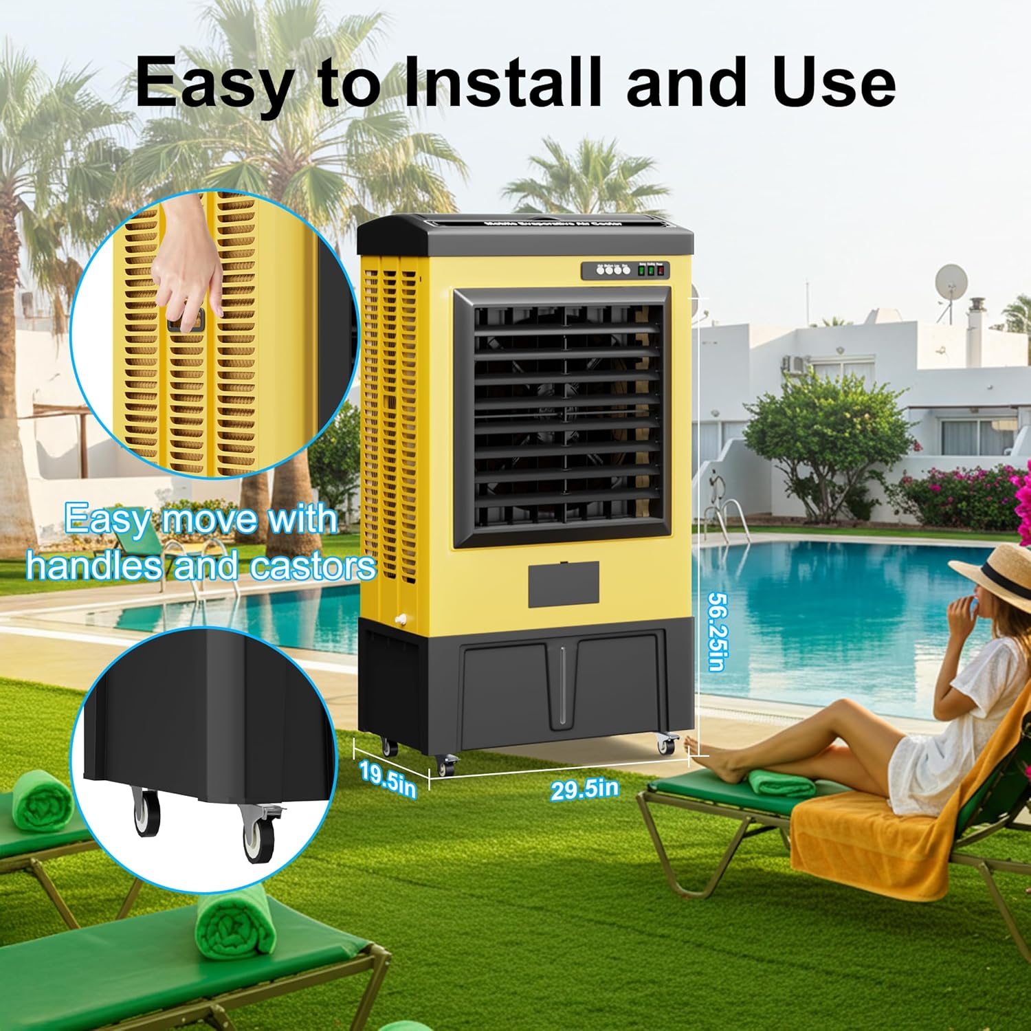 AKIRES 8980CFM Swamp Coolers,Evaporative Air Cooler for 1735Sq.ft of Space,with Continuous Auto Fill,36-Gal Water Tank,120°Oscillation,5 Ice Packs,Cooling Fan for Outdoor,Indoor Yellow(57IN)