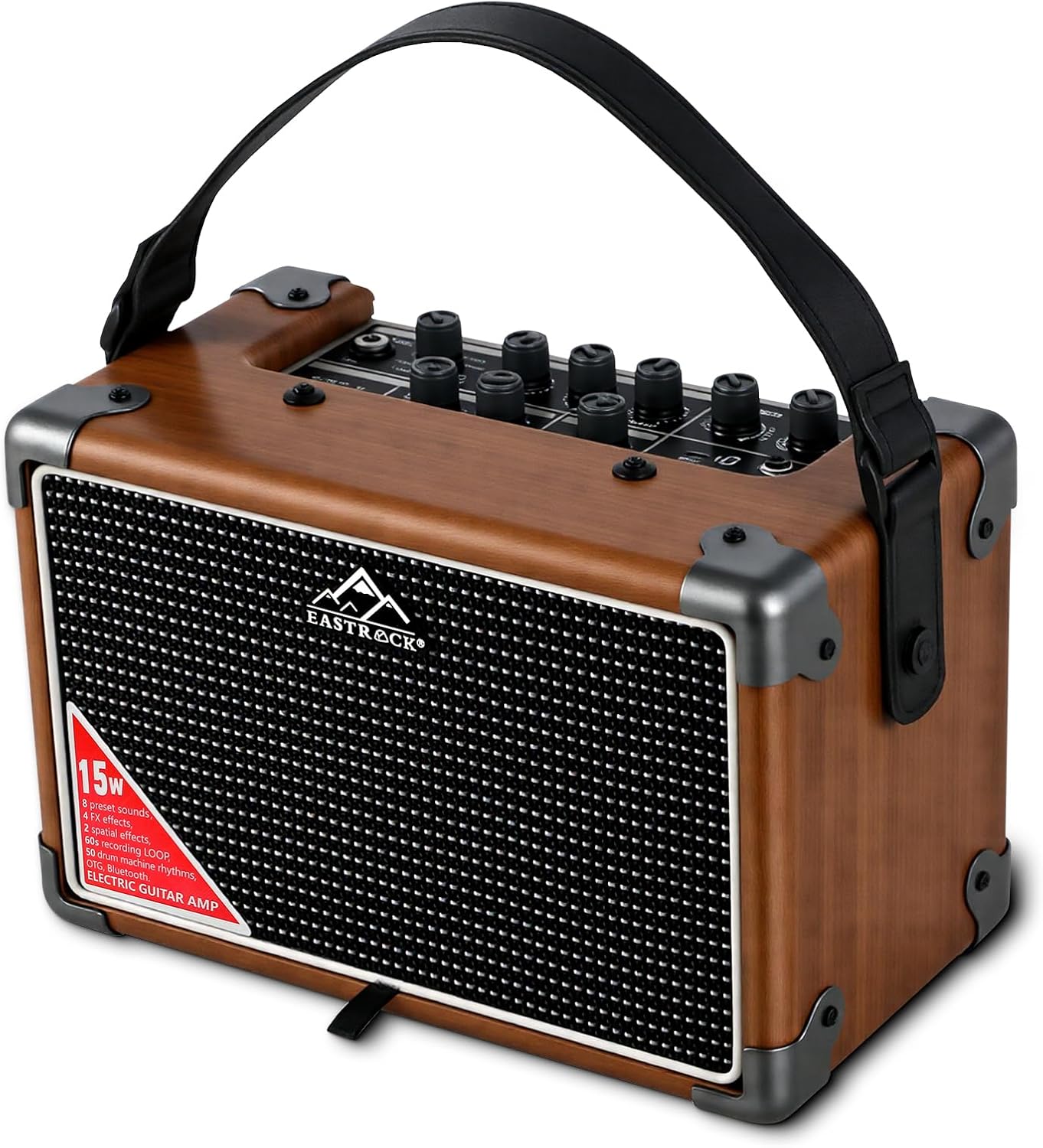 EASTROCK 15W Electric Guitar Amp, EGA-15W Portable Guitar Amplifier with Bluetooth, Built-in Looper & Drum Machine Speaker, AUX/OTG/Headphone, 8 Voices, FX Effects-Wood