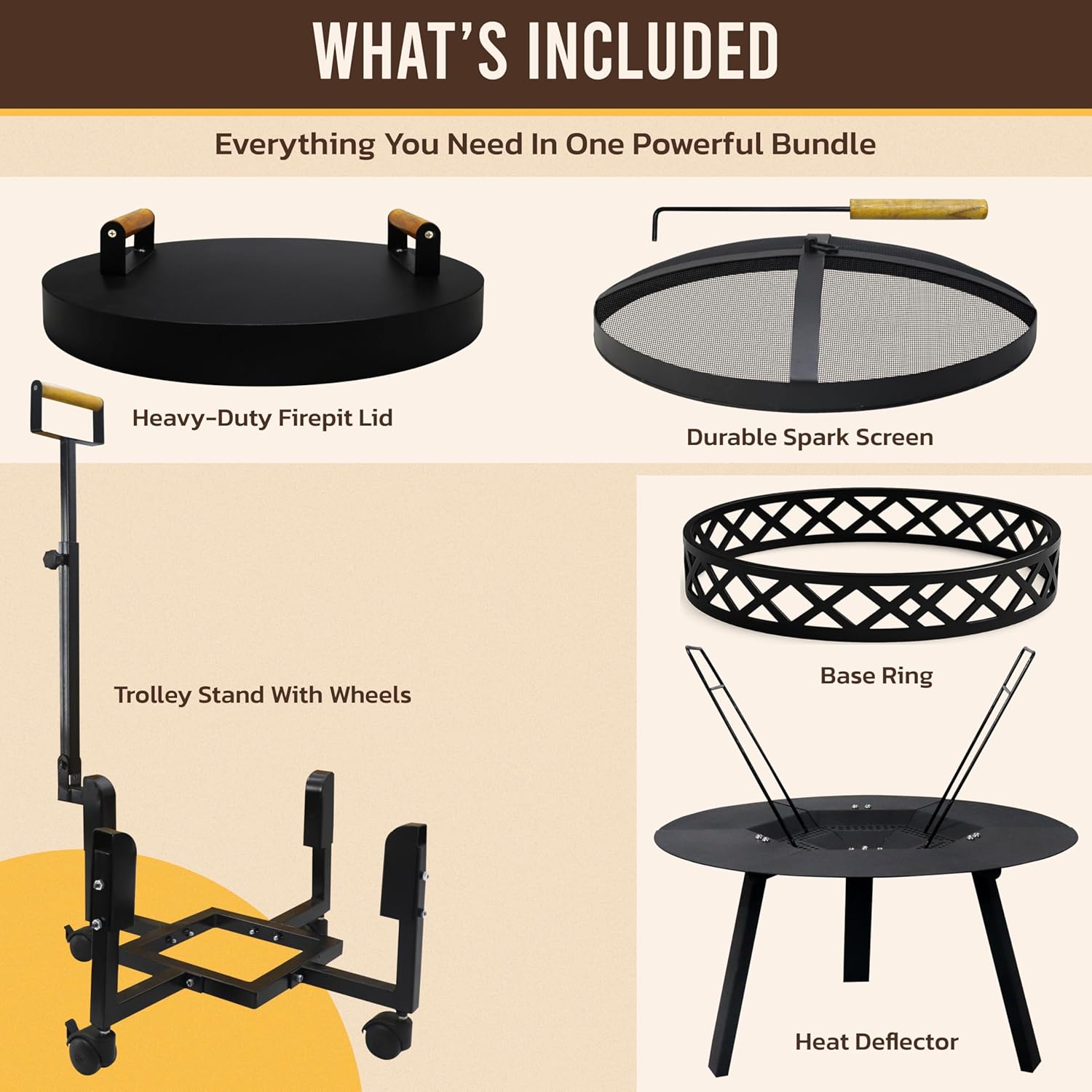 FEBTECH Spark Screen, Heat Deflector, Firepit Lid, Trolley Stand and Base Ring Combo - Compatible with Solostove Bonfire and Other 19.5