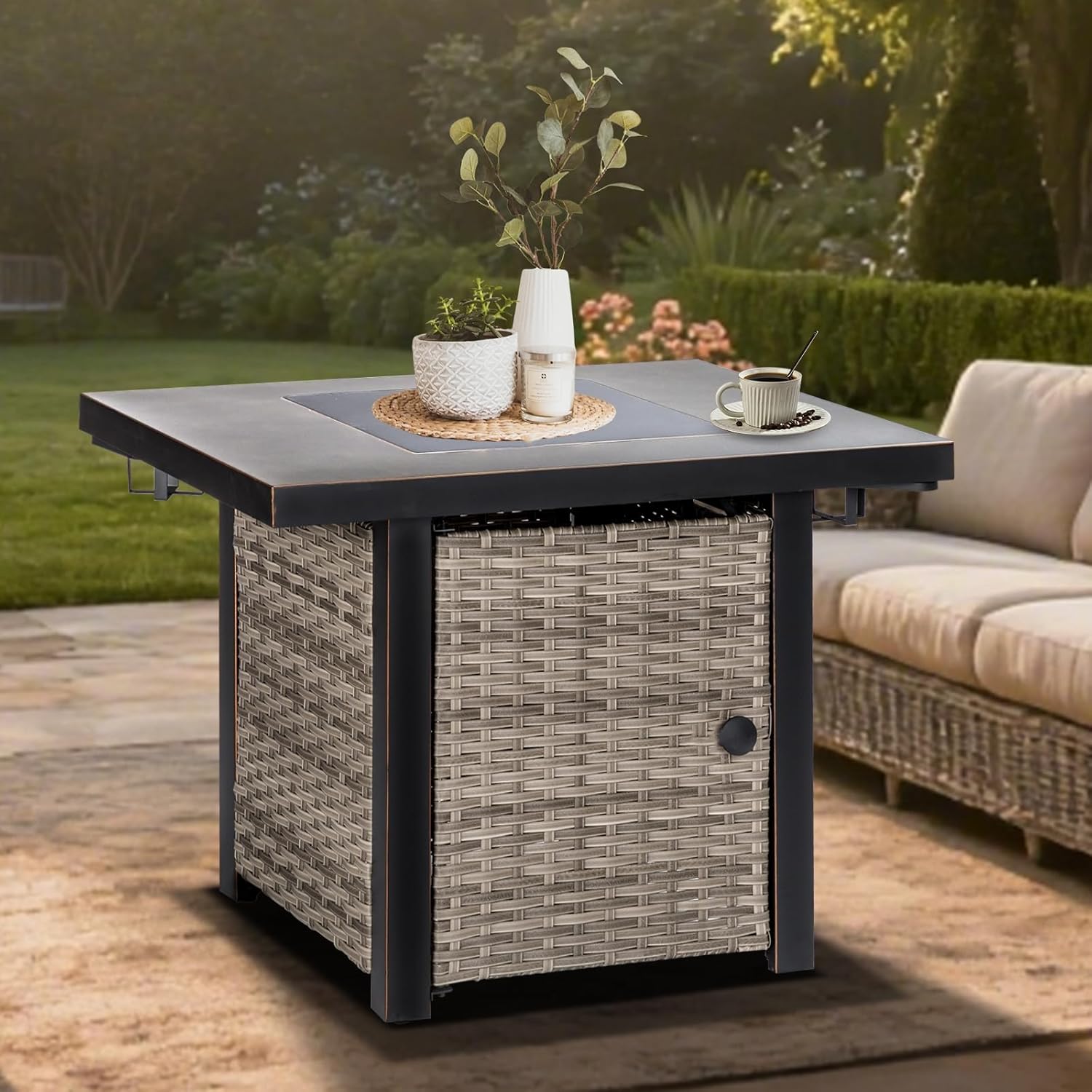 32 Inch Propane Fire Pit Table, Outdoor Gas Fire Pits with 2 Drink Holders, Lid & Lava Rock, 50000 BTU Firepit Table for Dinning, Party in Outside, Patio, Garden or Yard